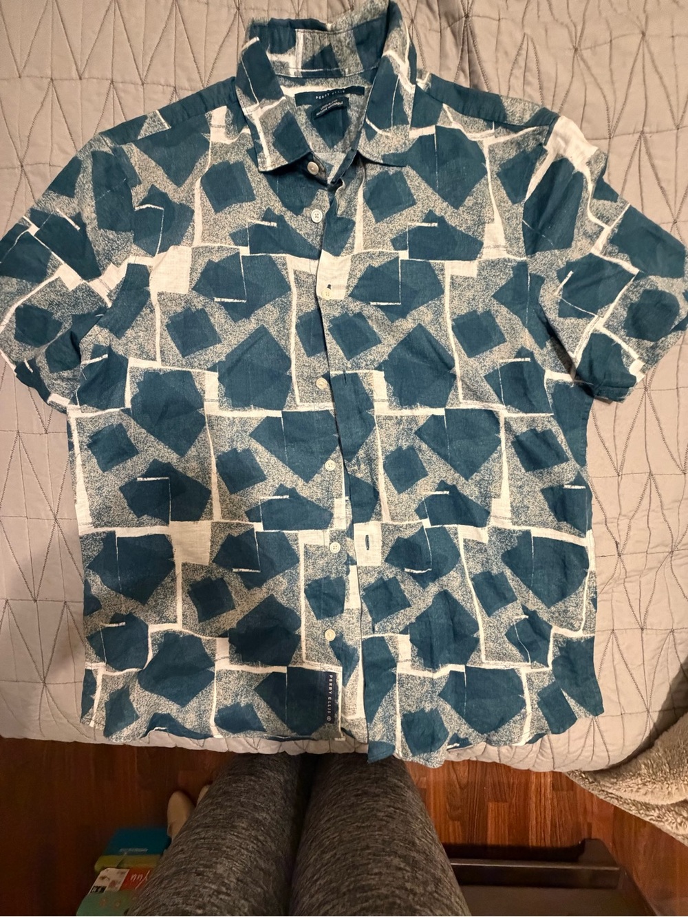 Perry Ellis Mens Large Abstract Geometric Shirt Teal Short Sleeve Button Up L
